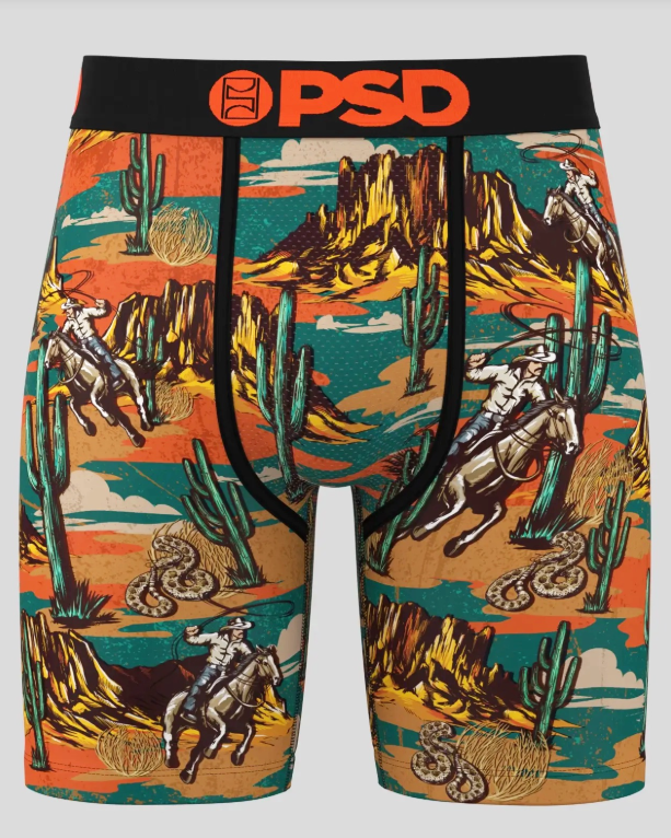 Underwear with a desert-themed design featuring horses and cacti, branded with 'PSD'.