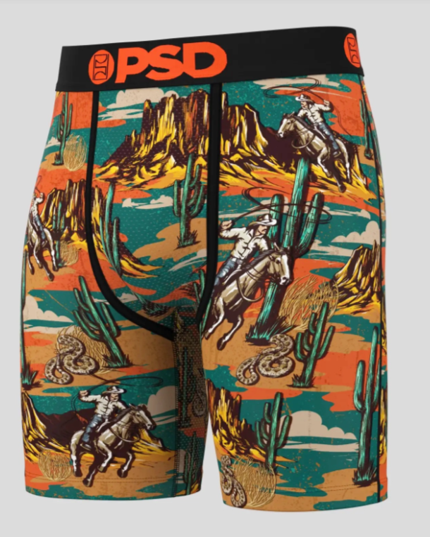 Colorful boxer briefs with a desert landscape design and 'PSD' branding.