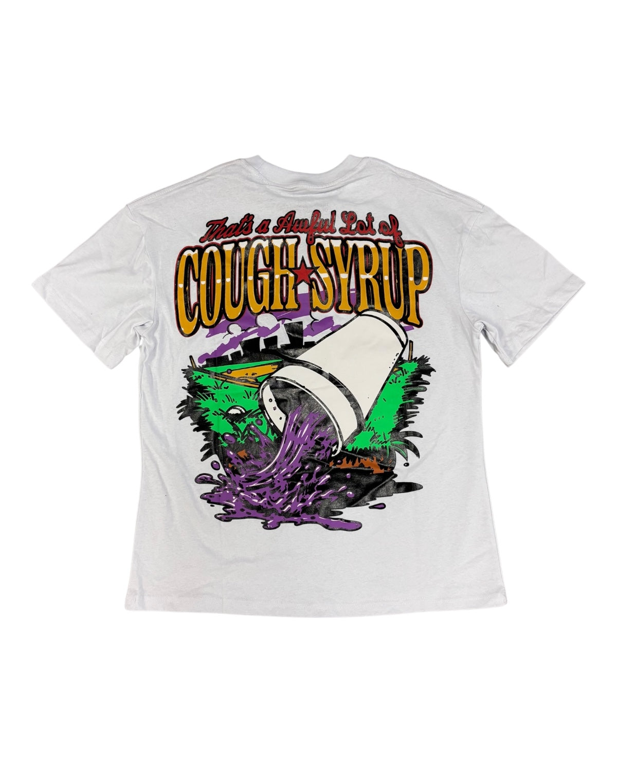 White t-shirt with graphic design of a cup pouring purple liquid labeled 'Cough Syrup' on a white background
