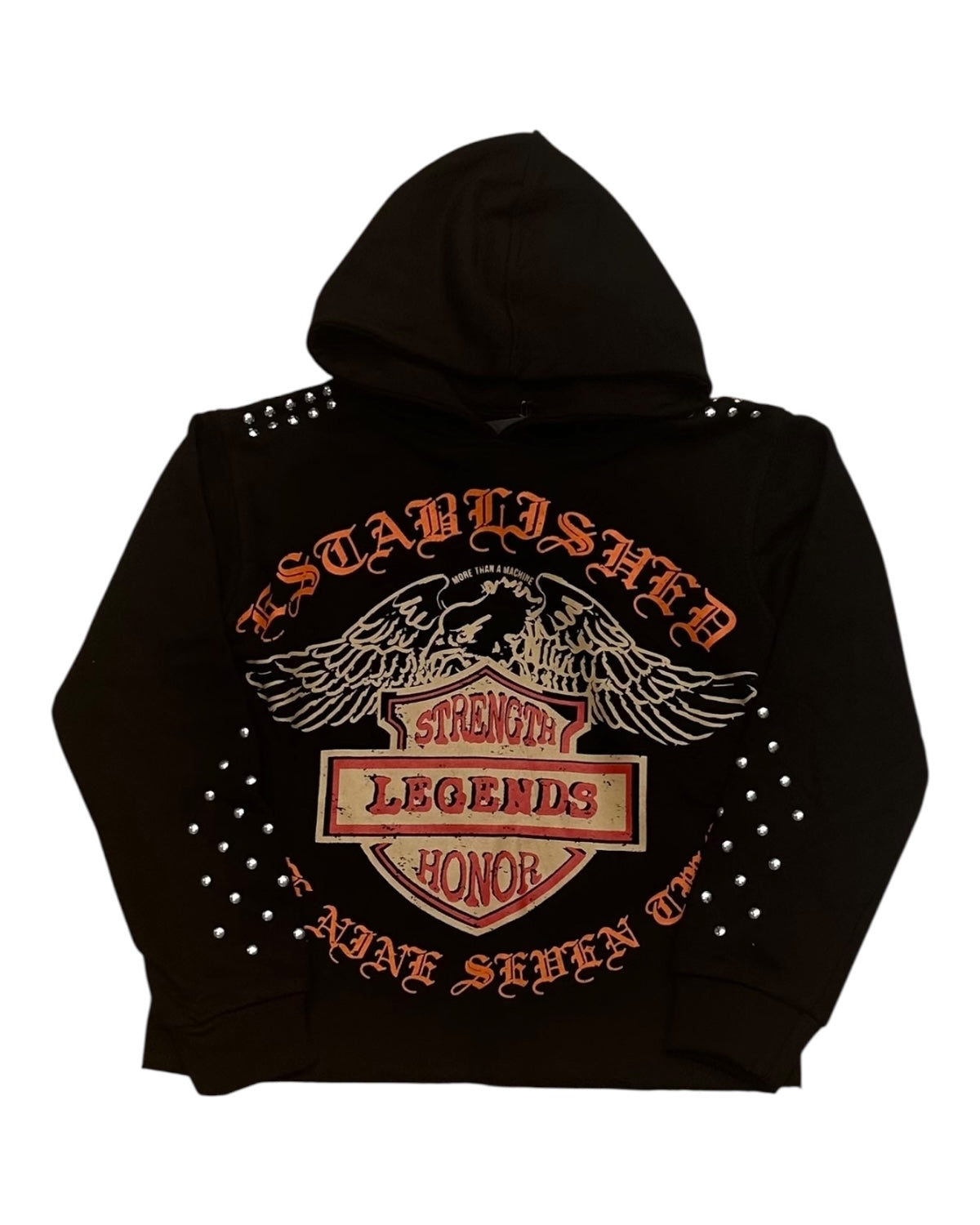 Black hoodie with red and white text and design on a white background