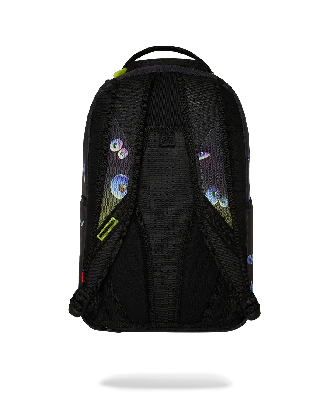 Black backpack with colorful eye designs on a white background