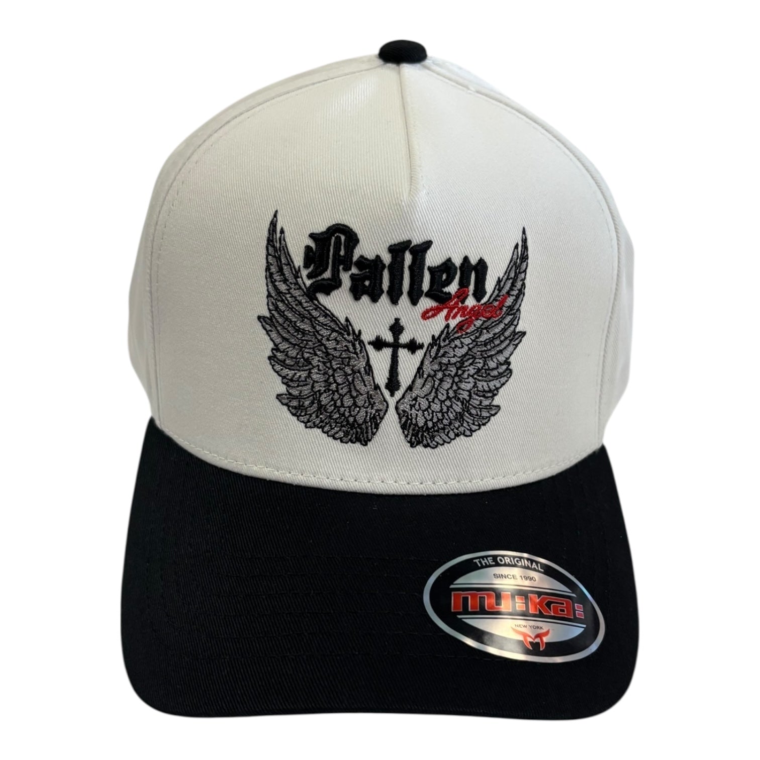 Cap with wings and text design on a white background