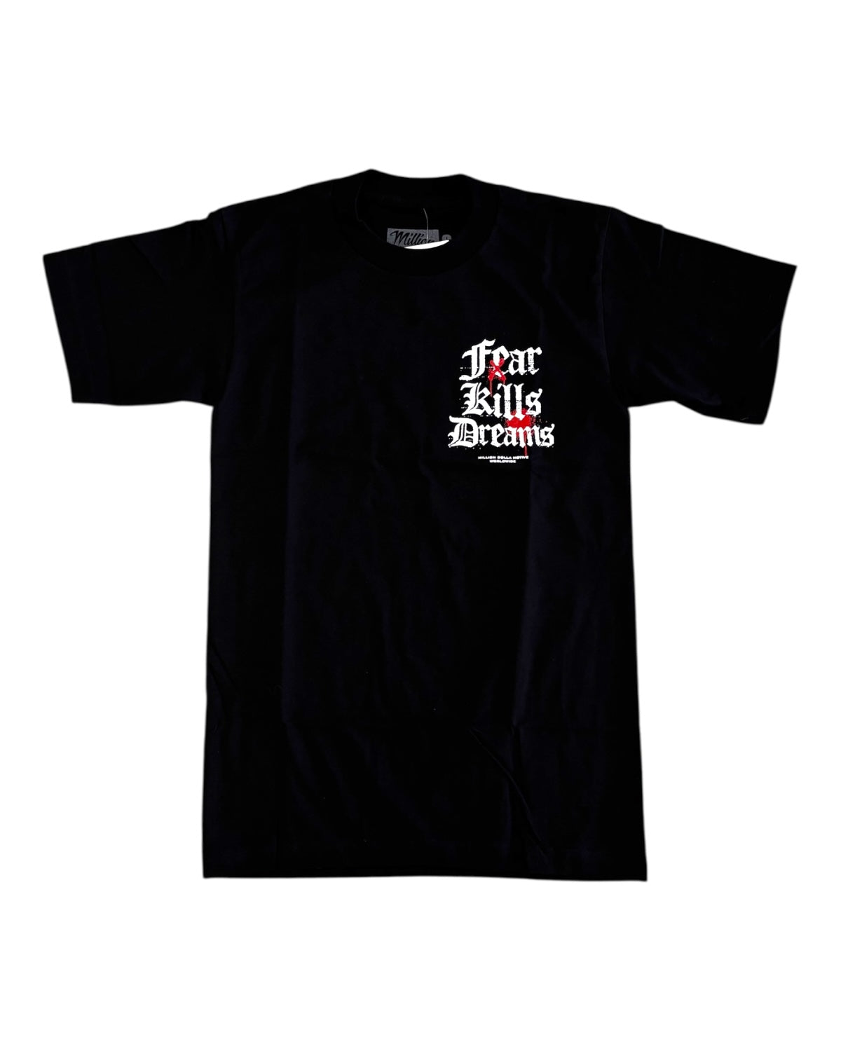 Black Fear Kills Dreams tee by Million Dolla Motive with bold white and red printed back graphic, matches Jordan Black Cat 3s or jordan flu game 12s