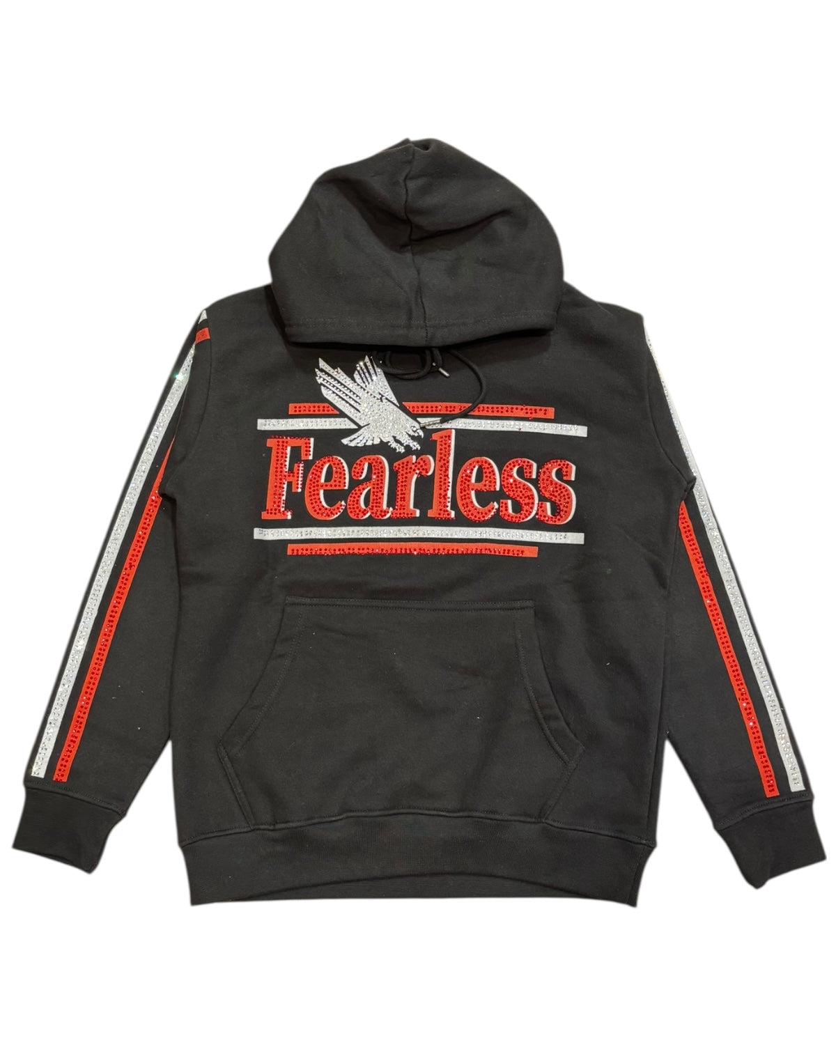 Black hoodie with 'Fearless' text and eagle graphic on a white background