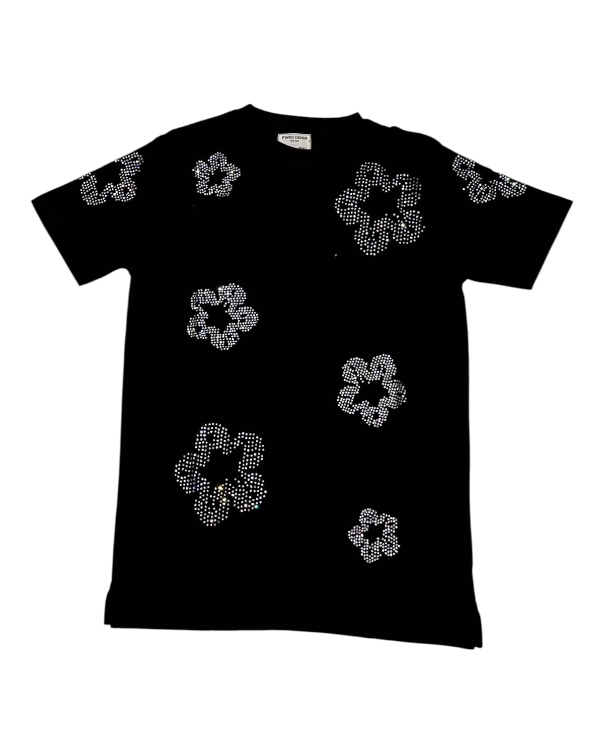 Black t-shirt with rhinestone floral patterns on a white background