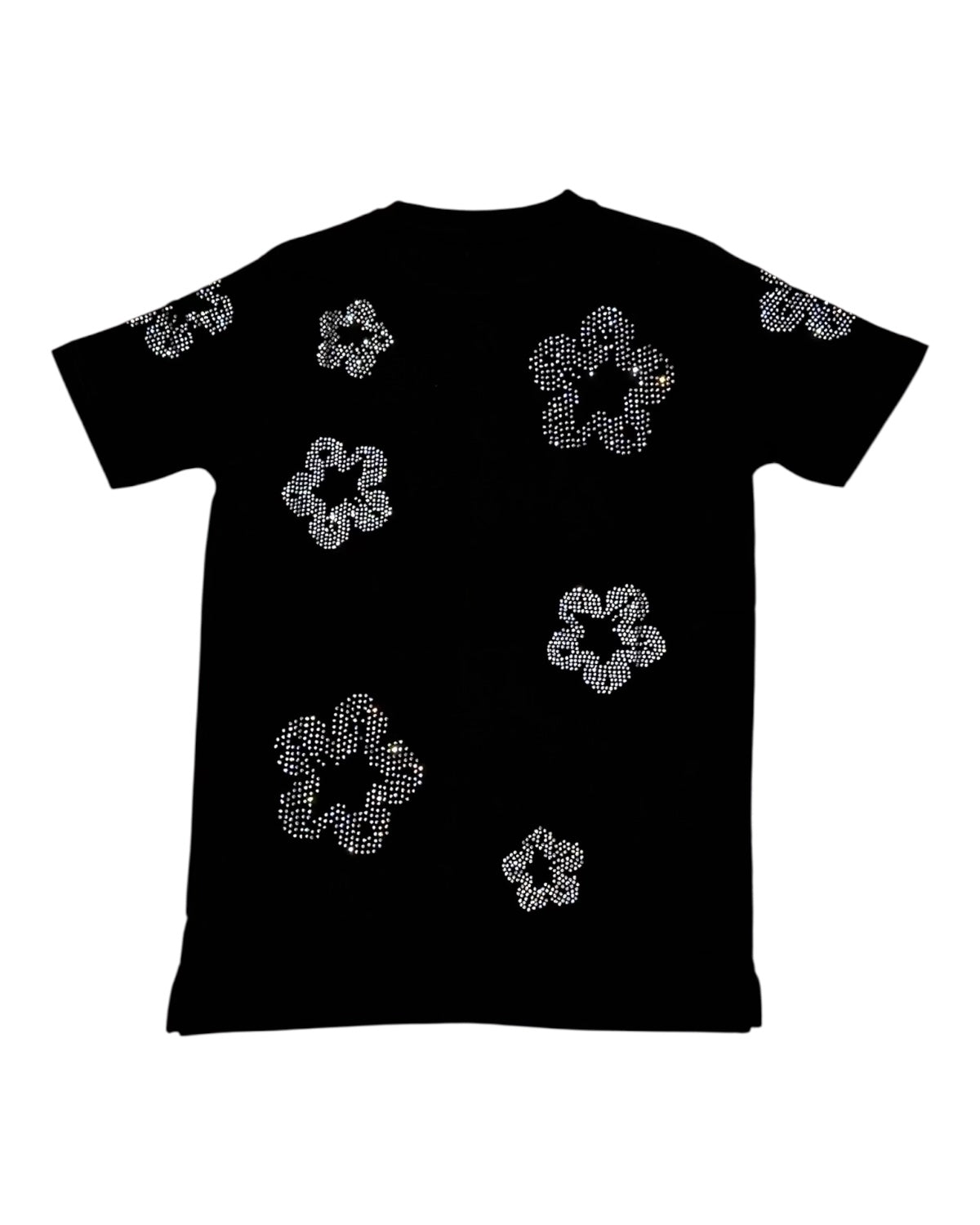 Black t-shirt with rhinestone floral patterns on a white background