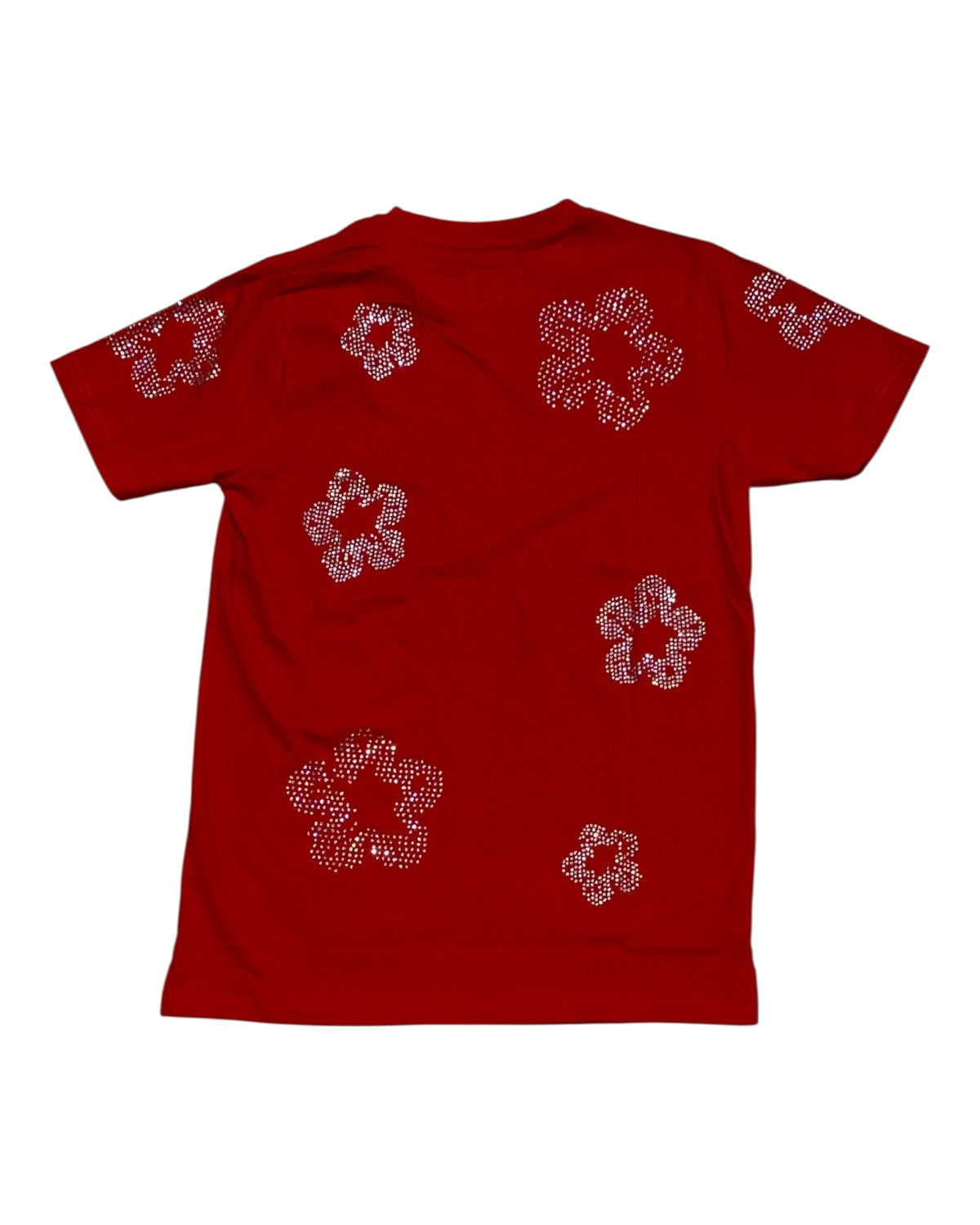 Red t-shirt with rhinestone floral patterns on a white background