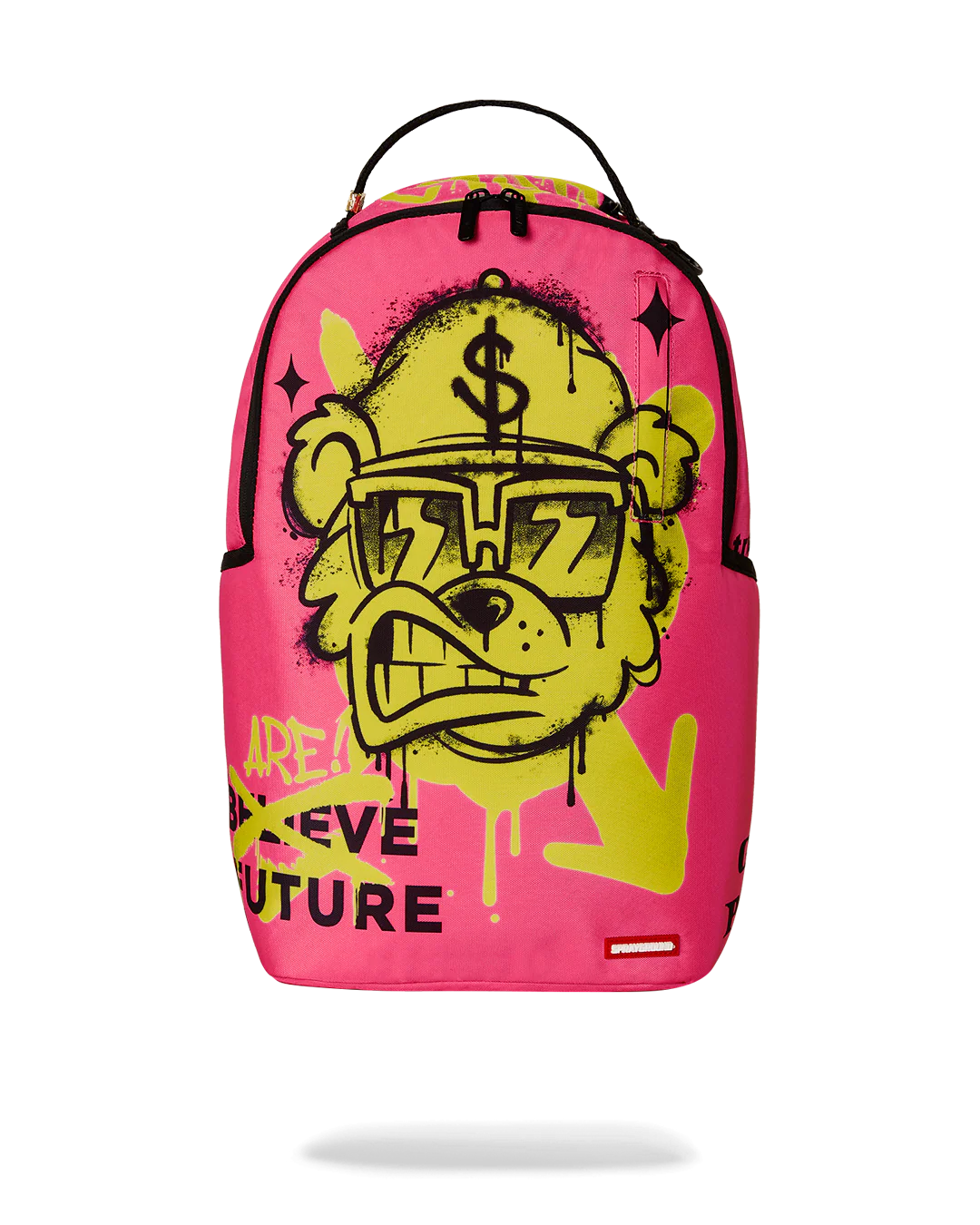 Pink sprayground backpack with yellow graphic design of an urban-styled bear on a white background