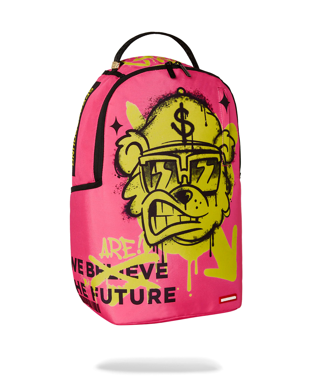 Pink sprayground backpack with yellow graphic design of an urban-styled bear on a white background