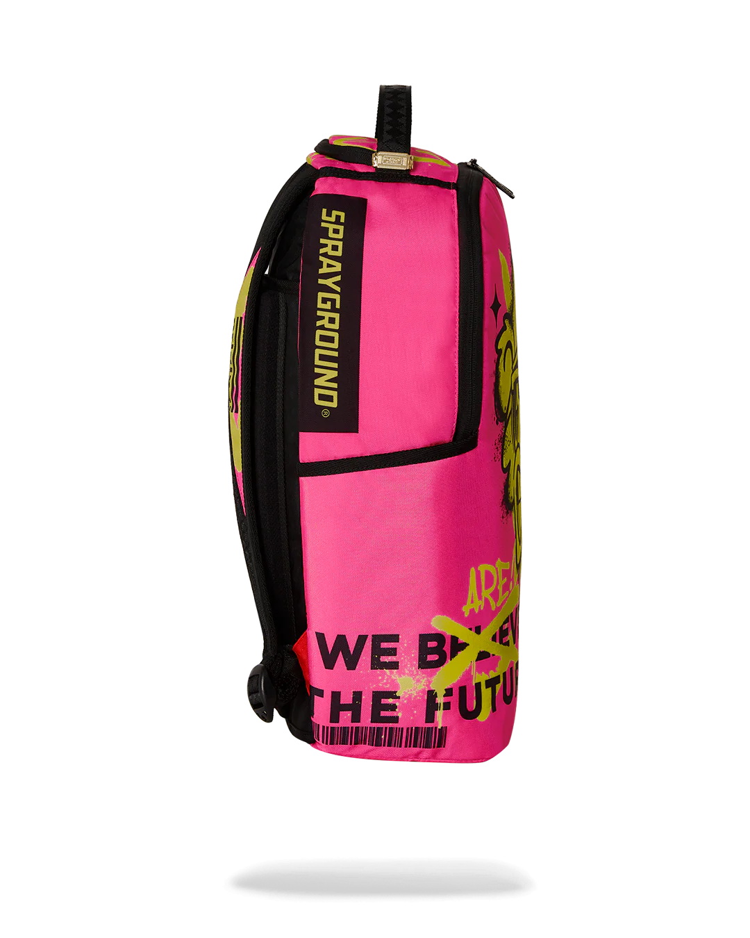 Pink backpack with black and yellow text on a white background