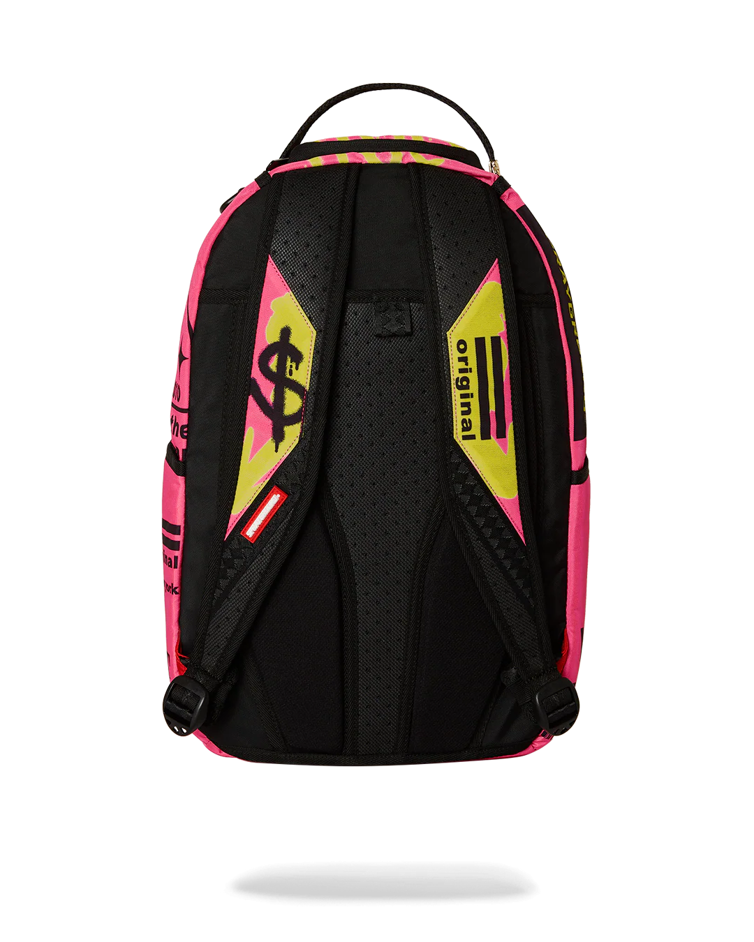 Black backpack with pink and yellow accents on a white background