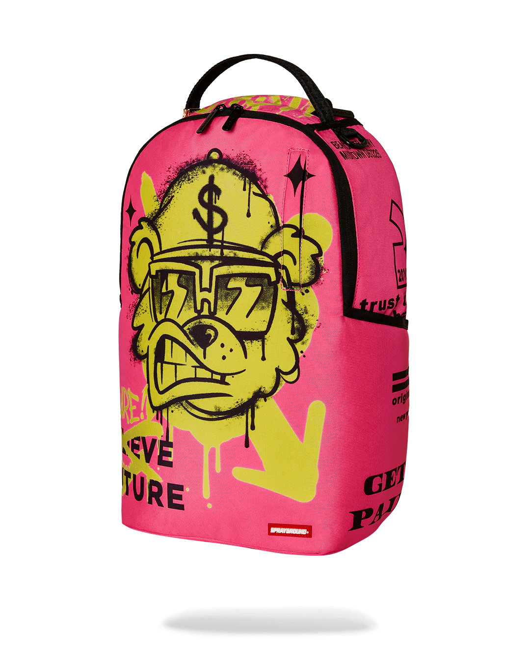 Pink sprayground backpack with yellow graphic design of an urban-styled bear on a white background