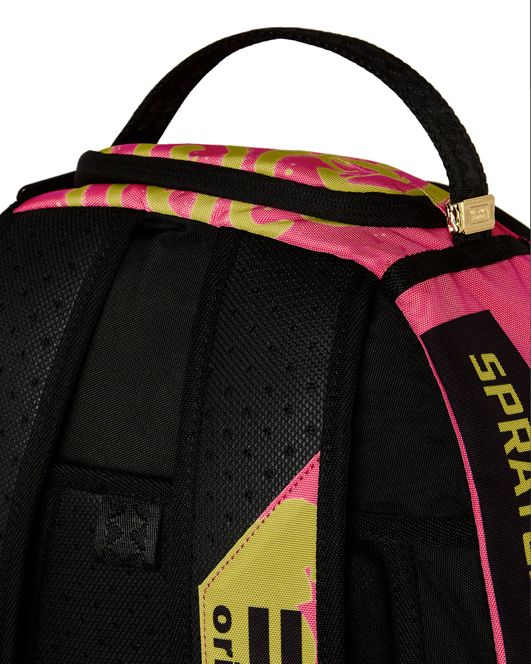 Backpack with pink and yellow floral pattern on a white background