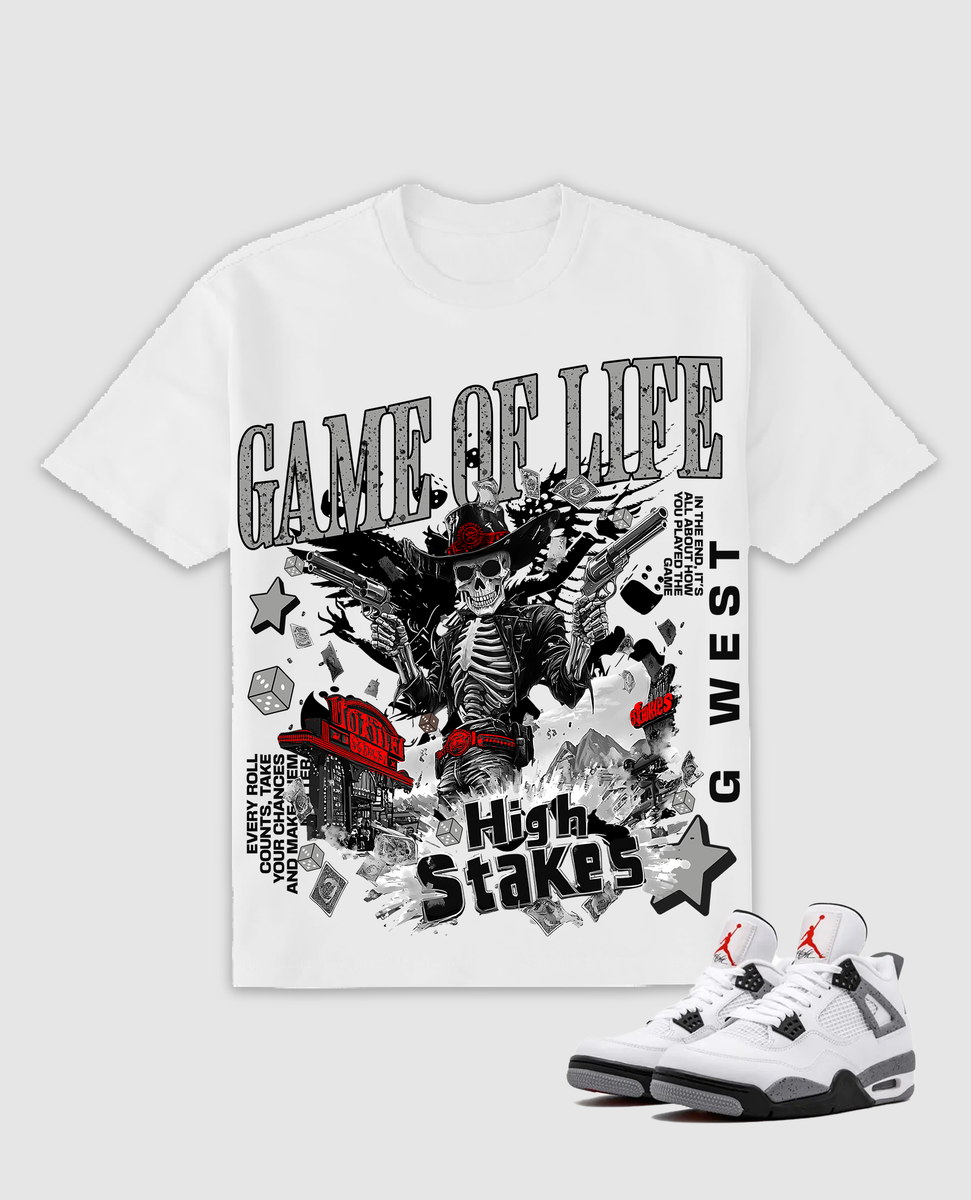 White t-shirt with 'Game of Life High Stakes' design and a Jordan sneaker on a white background