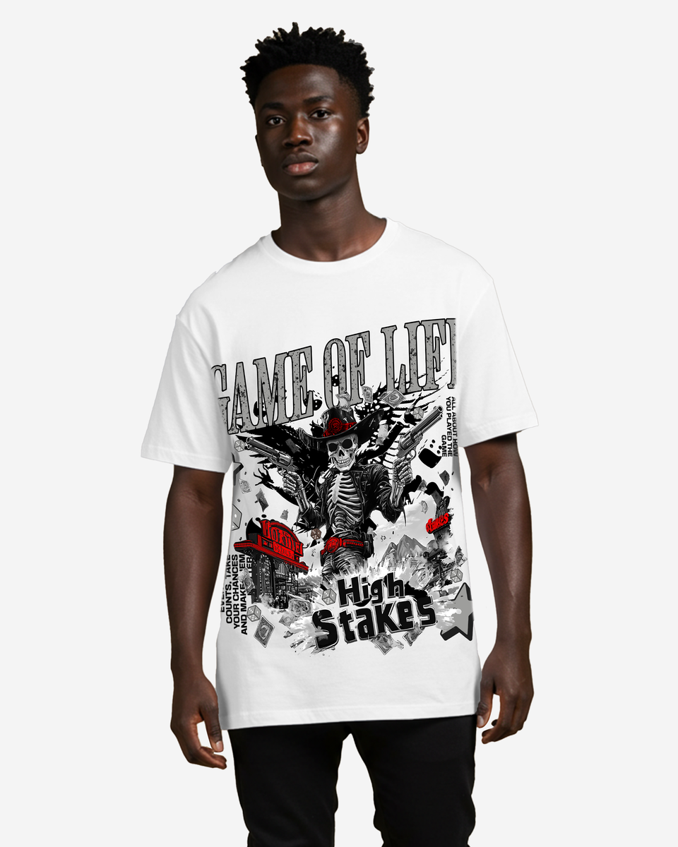 Person wearing a white t-shirt with graphic design and text on a white background