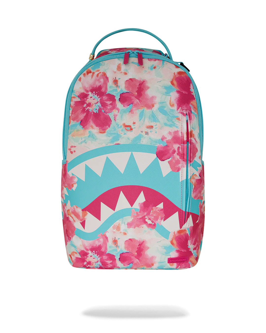 Sprayground Backpack with watercolor pastel floral design and shark mouth graphic on a white background