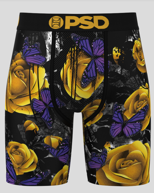 Boxer briefs with yellow roses and purple butterflies design on a black background, featuring the brand 'PSD'.