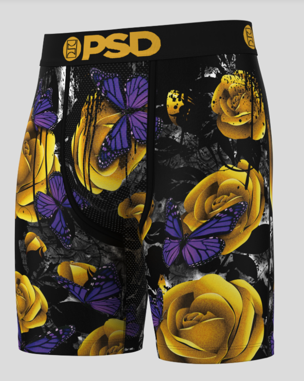 Boxer briefs with yellow roses and purple butterflies design on a black background, featuring the brand 'PSD'.
