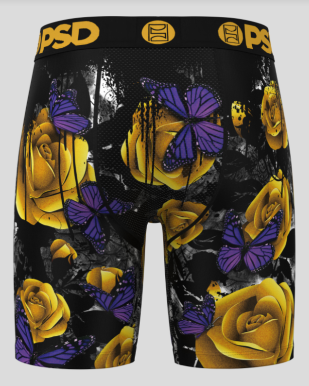 Boxer briefs with yellow roses and purple butterflies design on a black background, featuring the brand 'PSD'.