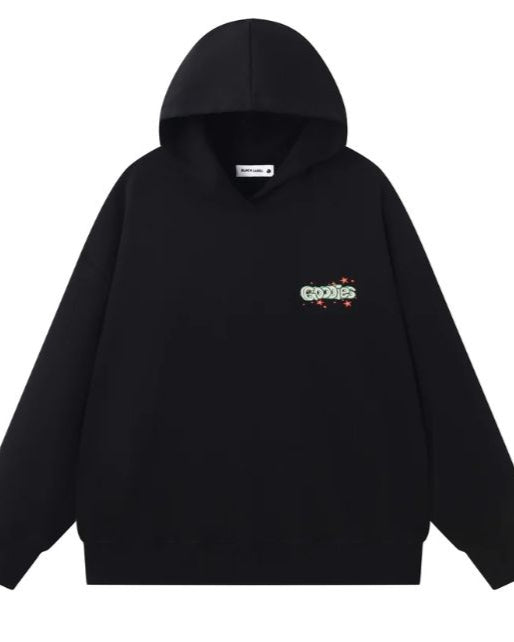 Black hoodie with a small logo on a white background