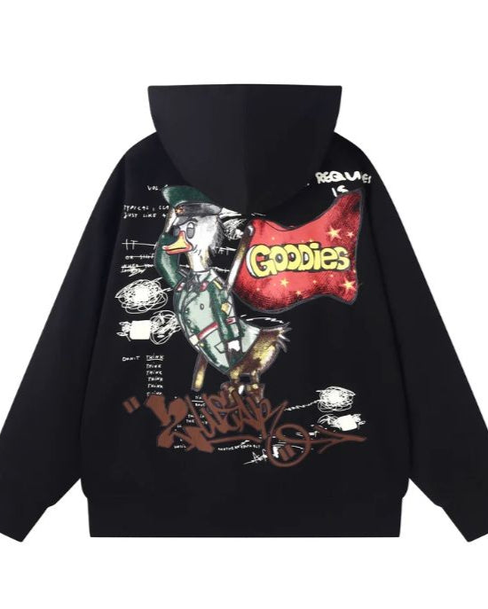 Black hoodie with colorful graphic design on a white background