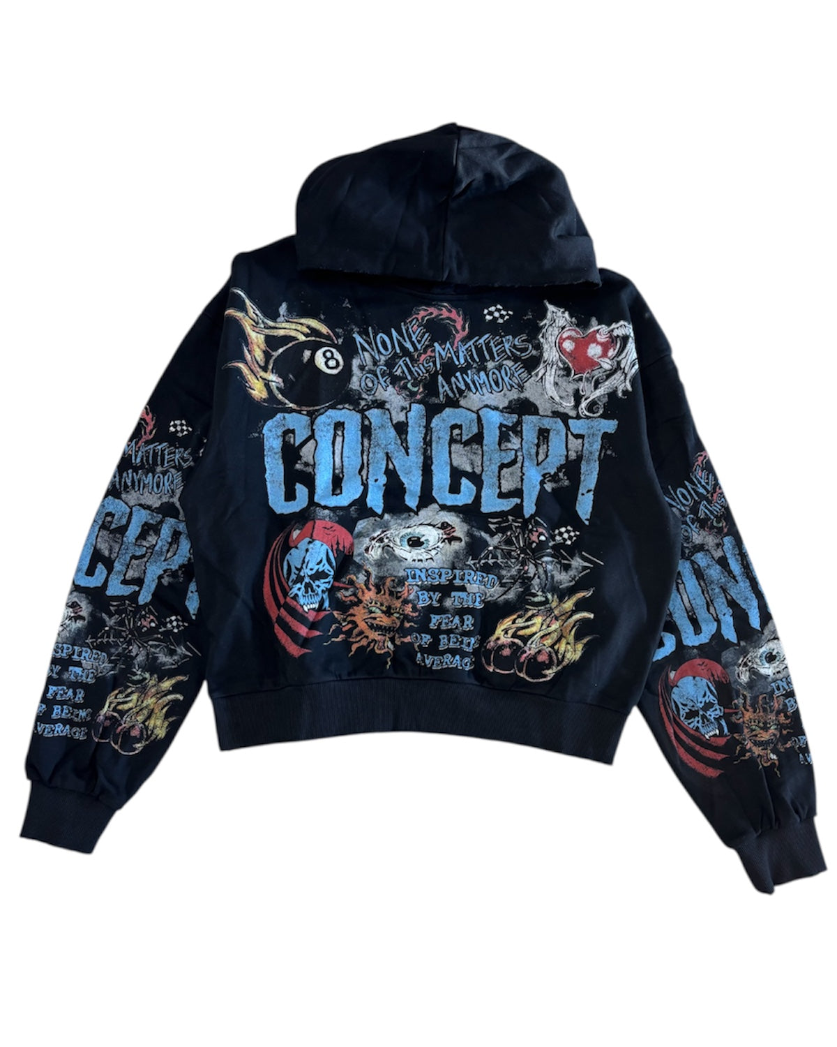 Black hoodie with colorful graphics and 'Concept' text on a white background