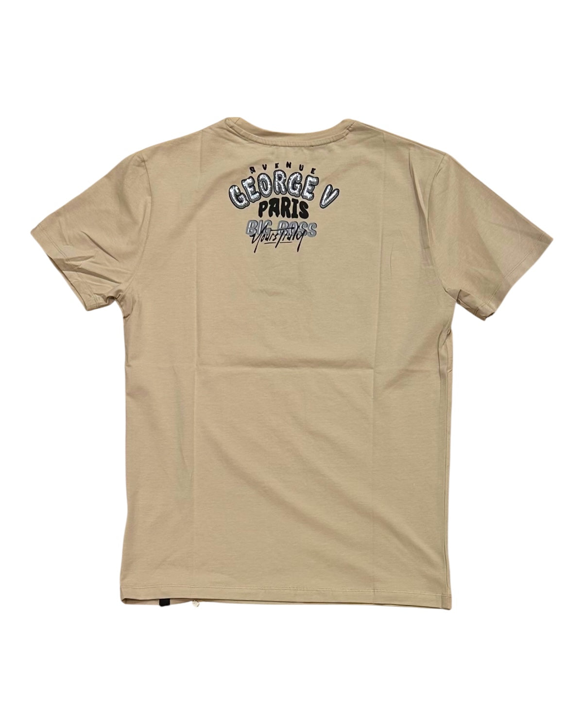 Beige t-shirt with branding on the back against a white background