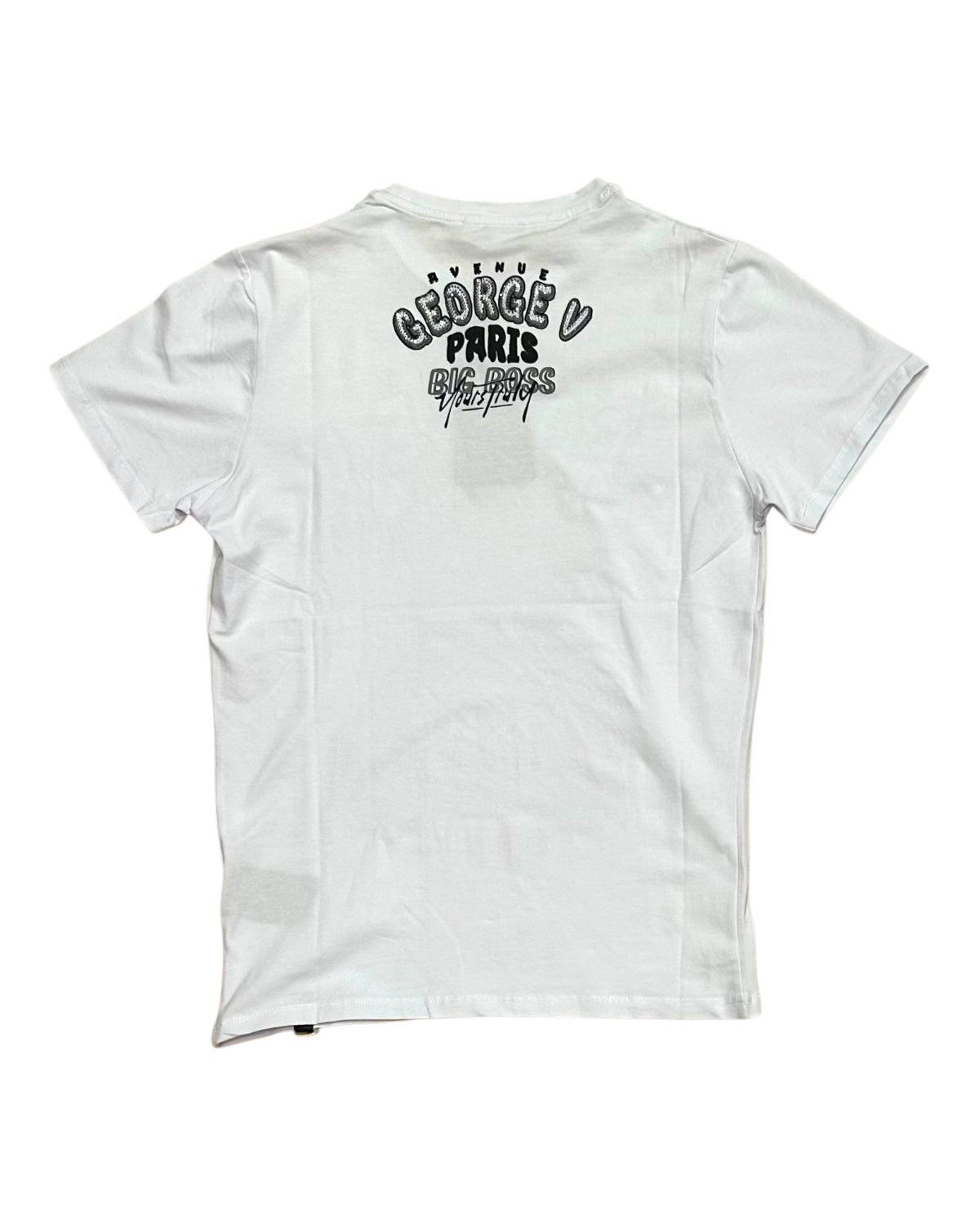 White t-shirt with black text on the back on a white background