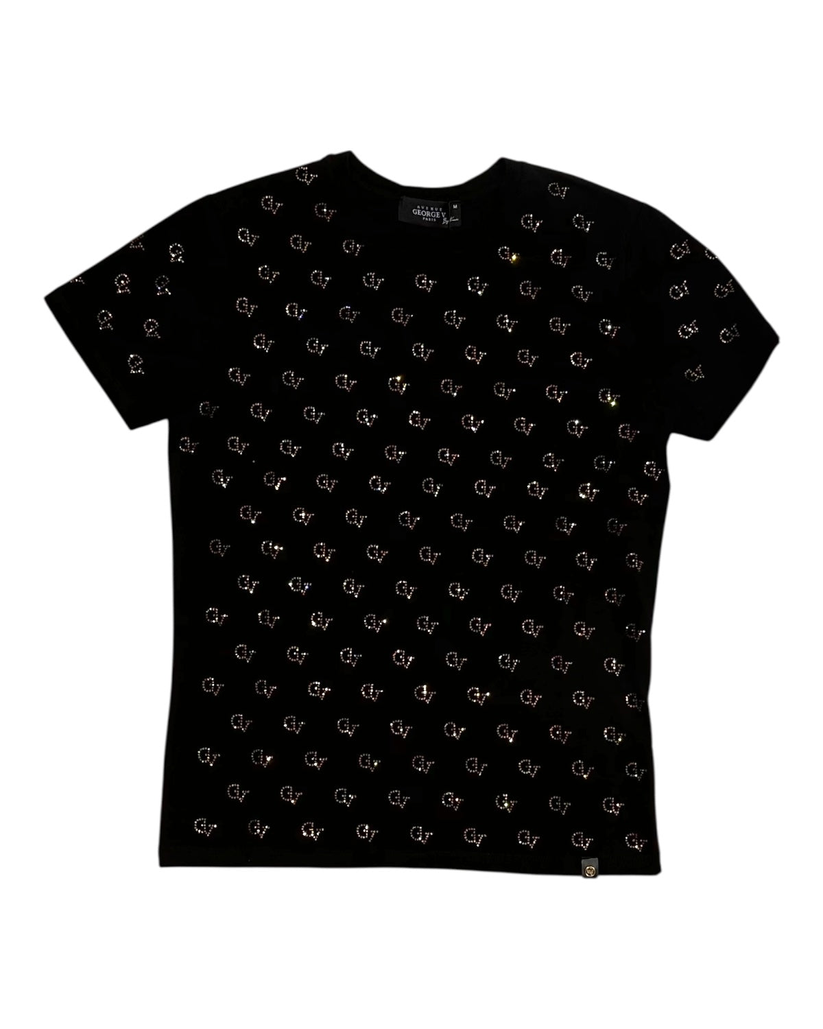 black tee with gold rhinestone patterns all over it on a white background