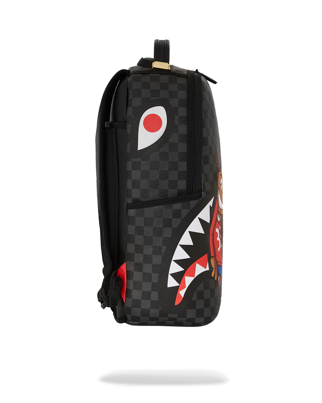 Black checkered backpack with a shark mouth design on a white background