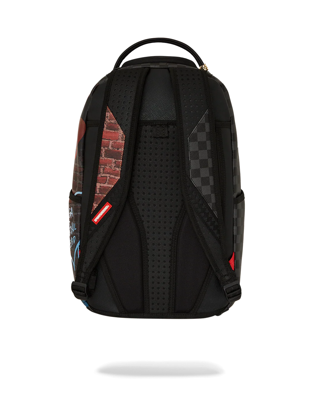 Black backpack with patterned sections on a white background