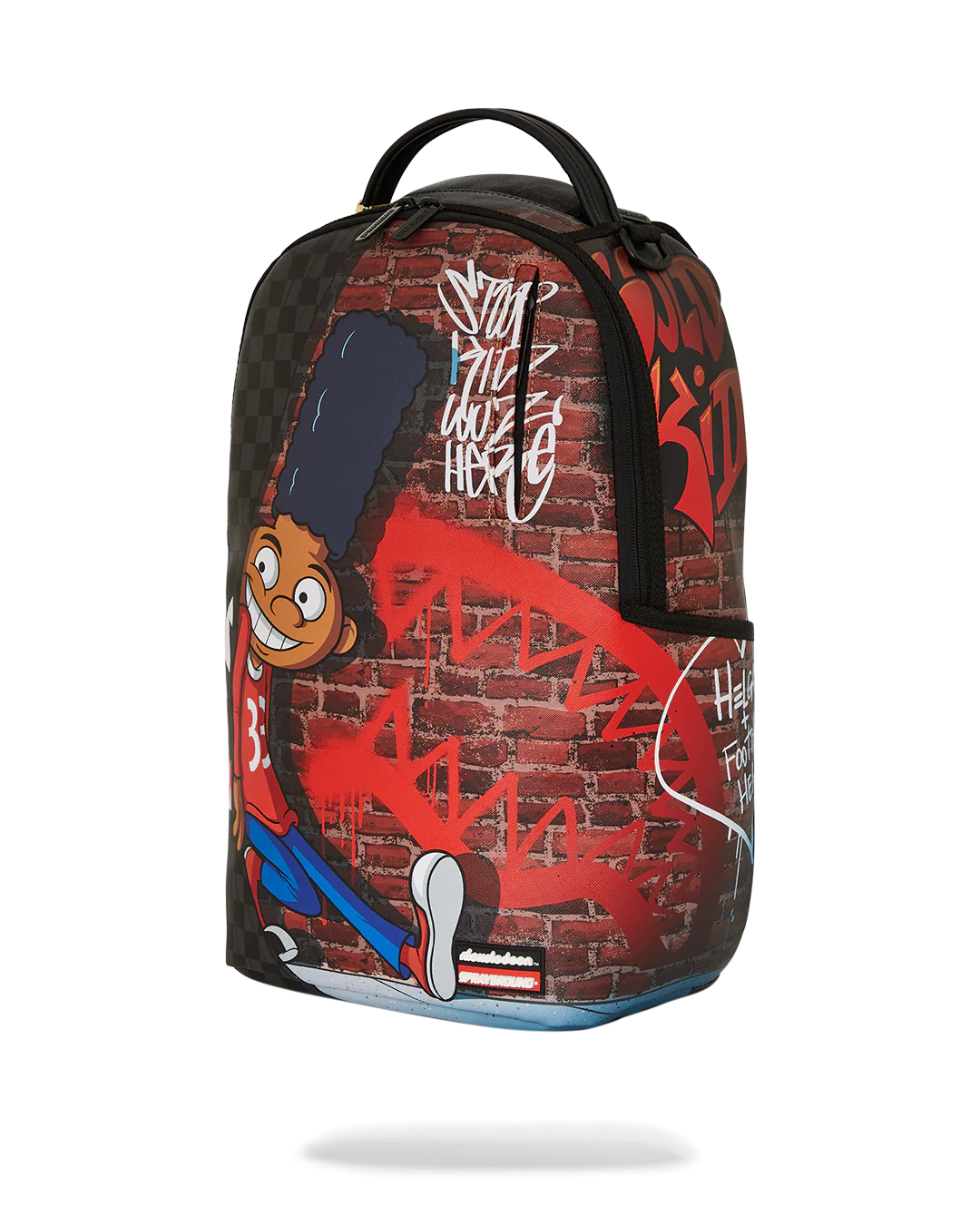 sprayground Backpack with cartoon character gerald design on a white background