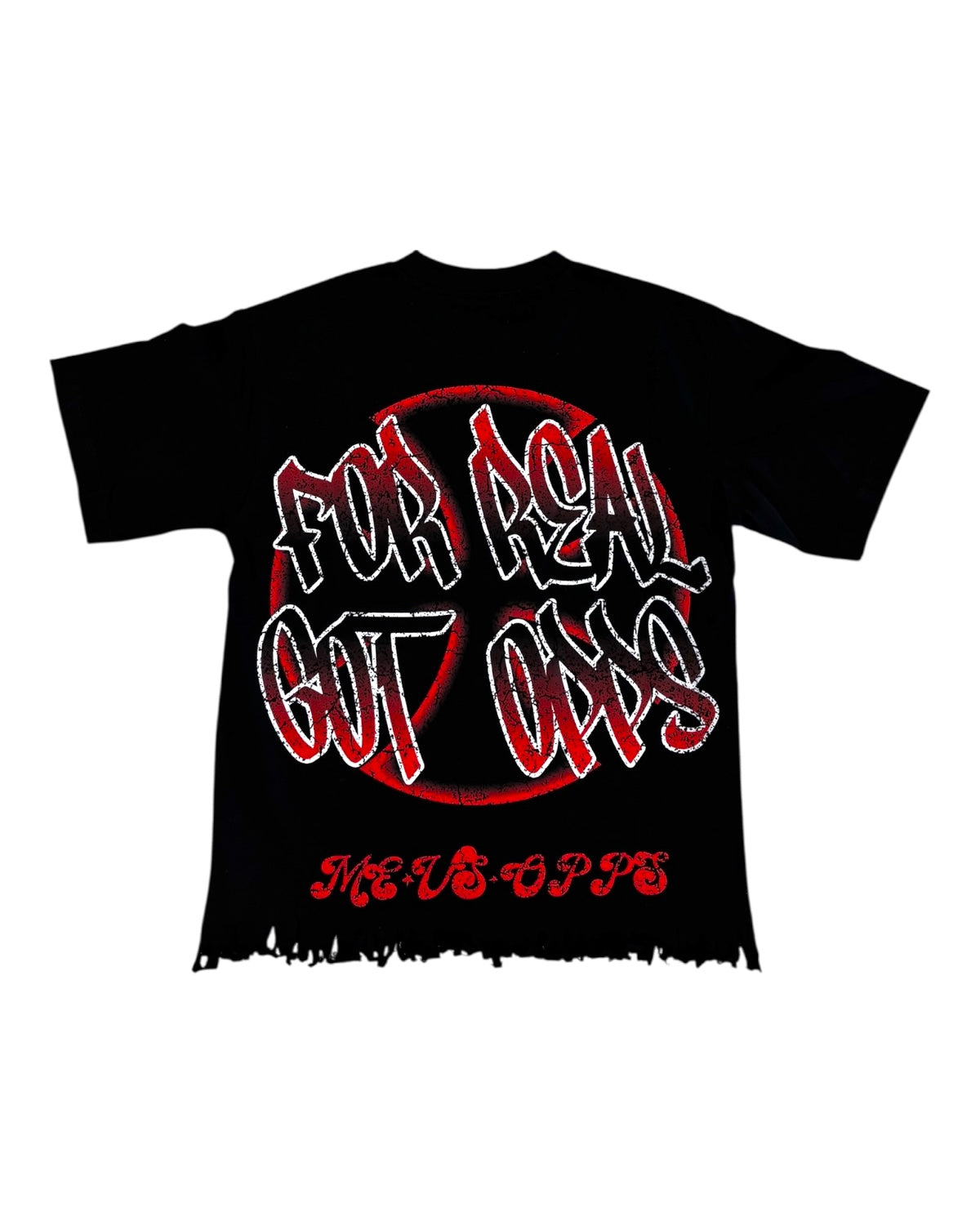 Black t-shirt with red and white text on a white background