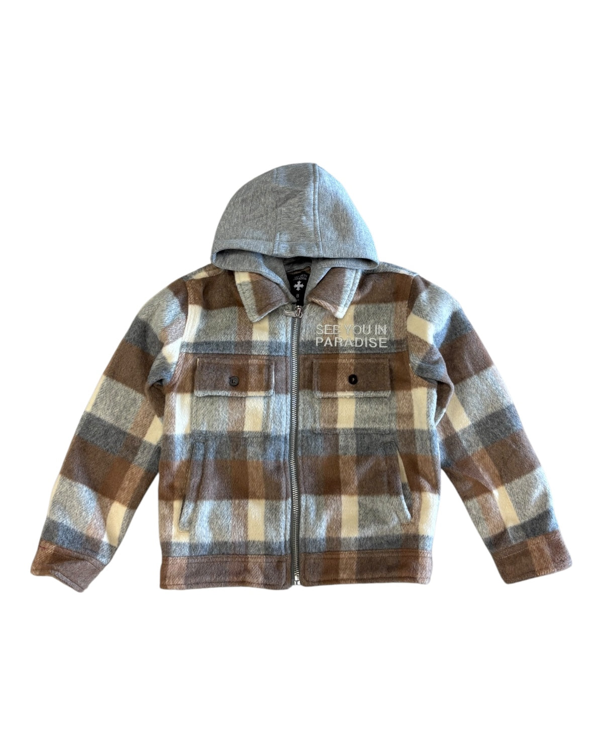 Plaid jacket with a gray hood on a white background