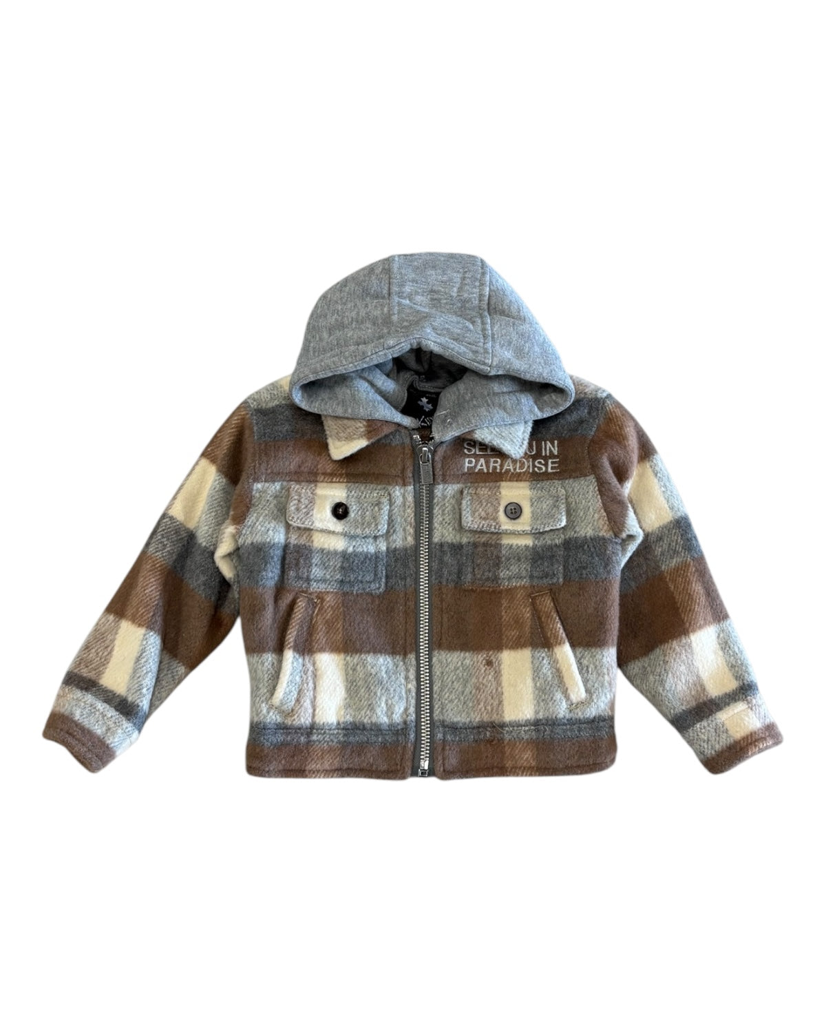 Plaid jacket with gray hood on a white background