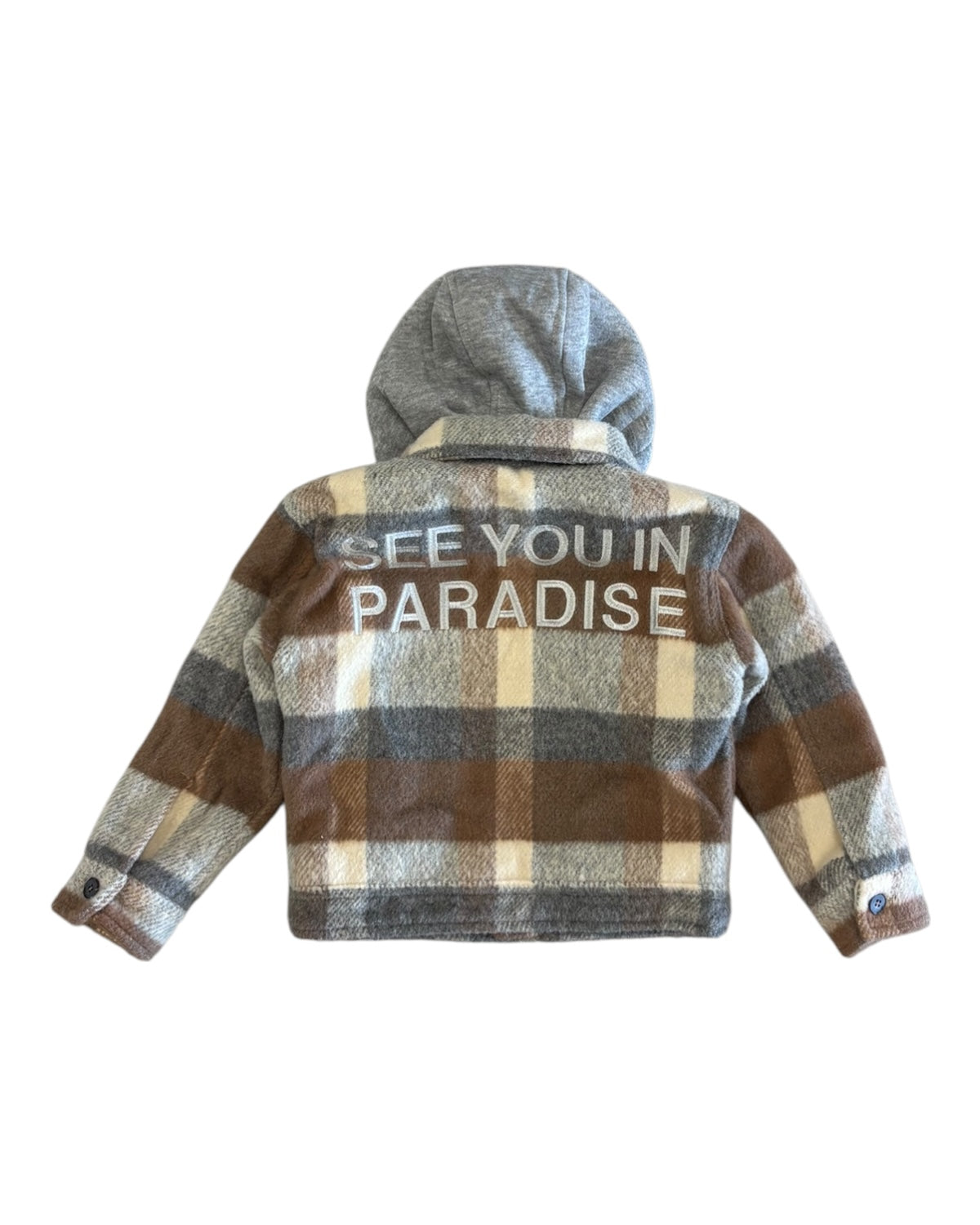 Plaid jacket with 'See You in Paradise' text on the back, worn by a child, on a white background.
