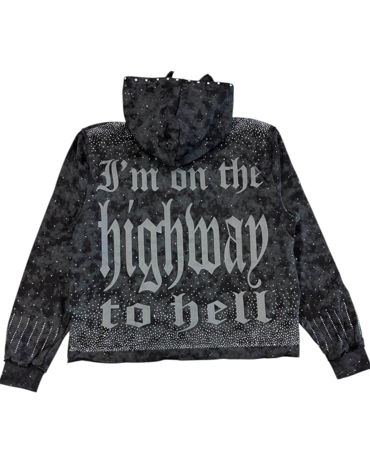 Black hoodie with text 'I'm on the highway to hell' on a white background