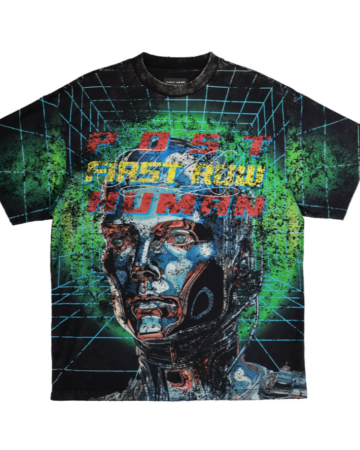 front view of a T-shirt with a futuristic design featuring a face and text on a white background