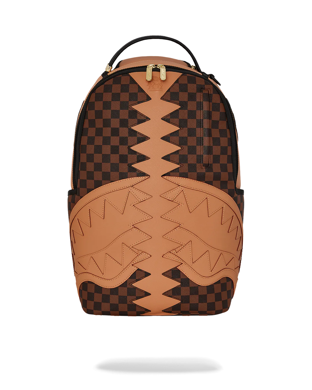 Brown and black checkered backpack with geometric design on a white background by sprayground