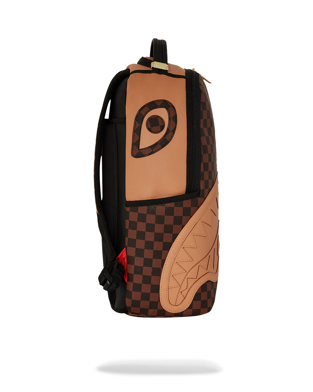 Brown and black checkered backpack with geometric design on a white background by sprayground