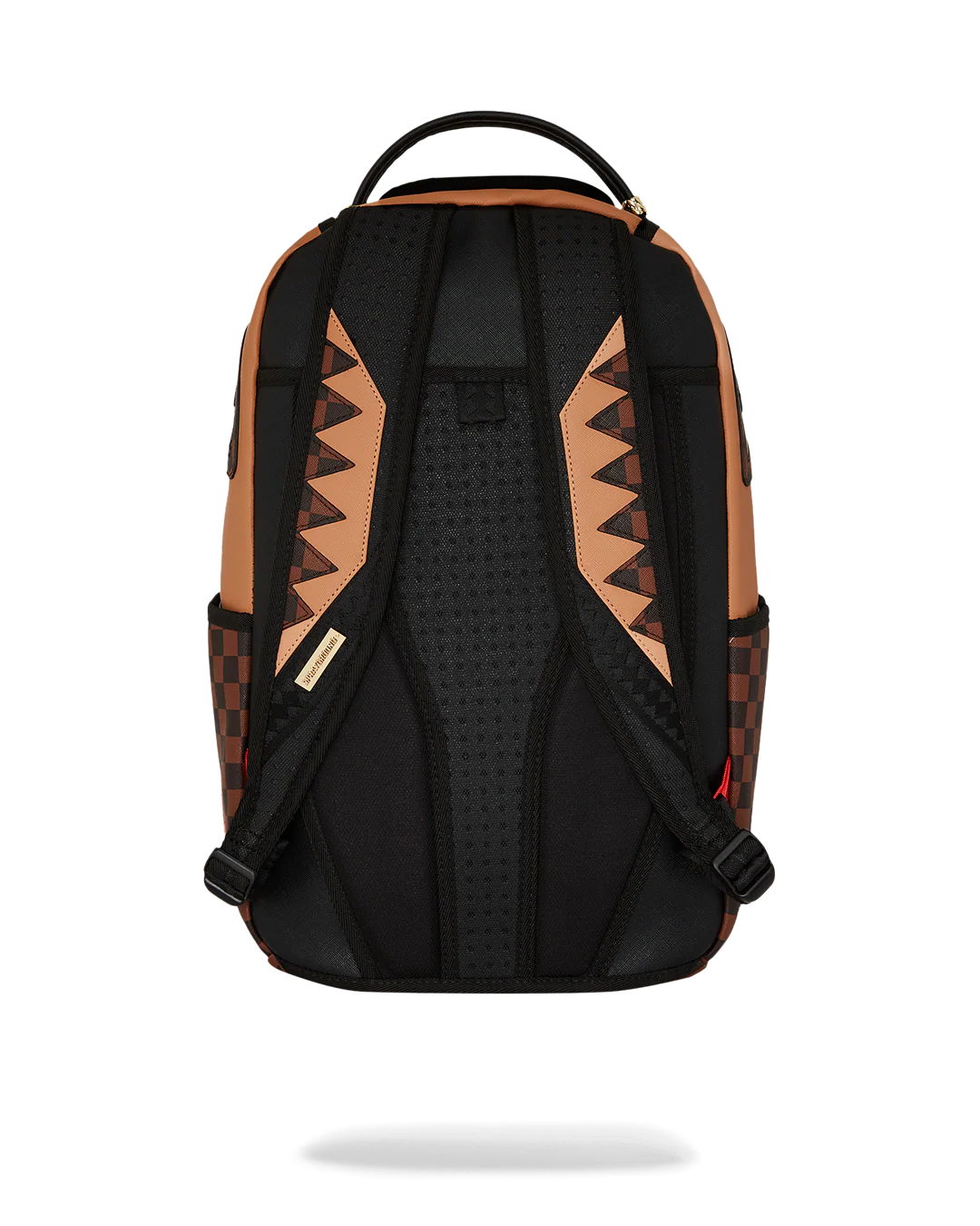 back of backpack with brown geometric patterns on a white background