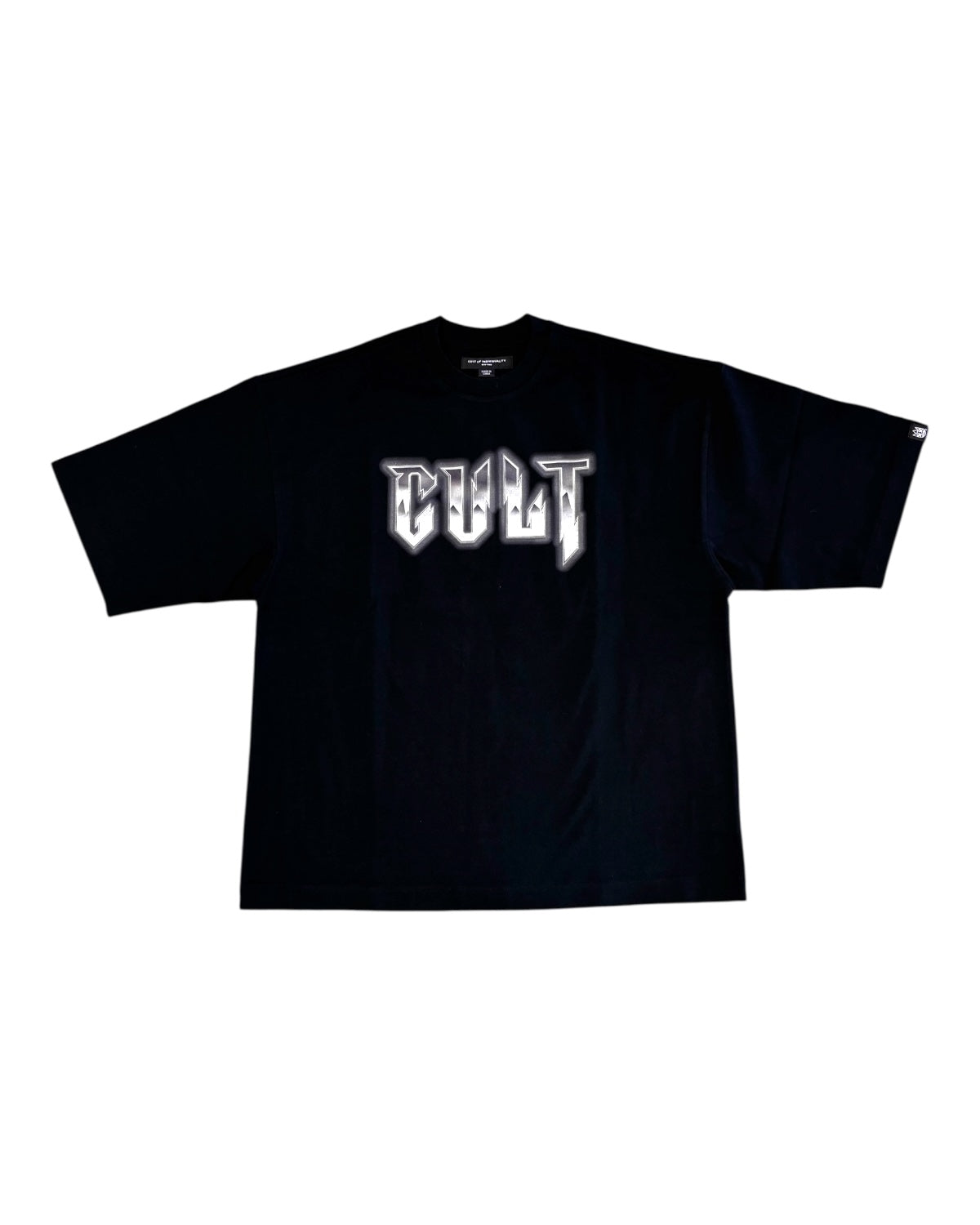 Black t-shirt with 'CULT' logo on a white background