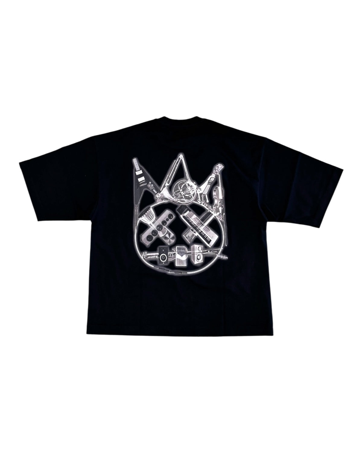 Black t-shirt with white graphic design on a white background