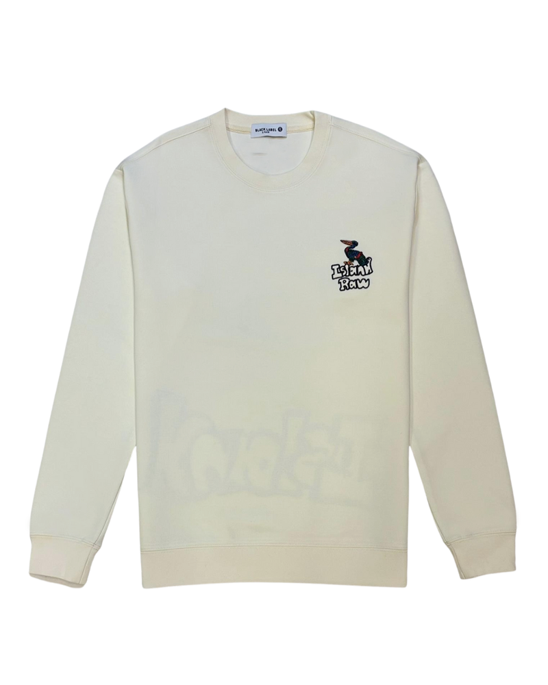 White sweatshirt with a logo on a white background