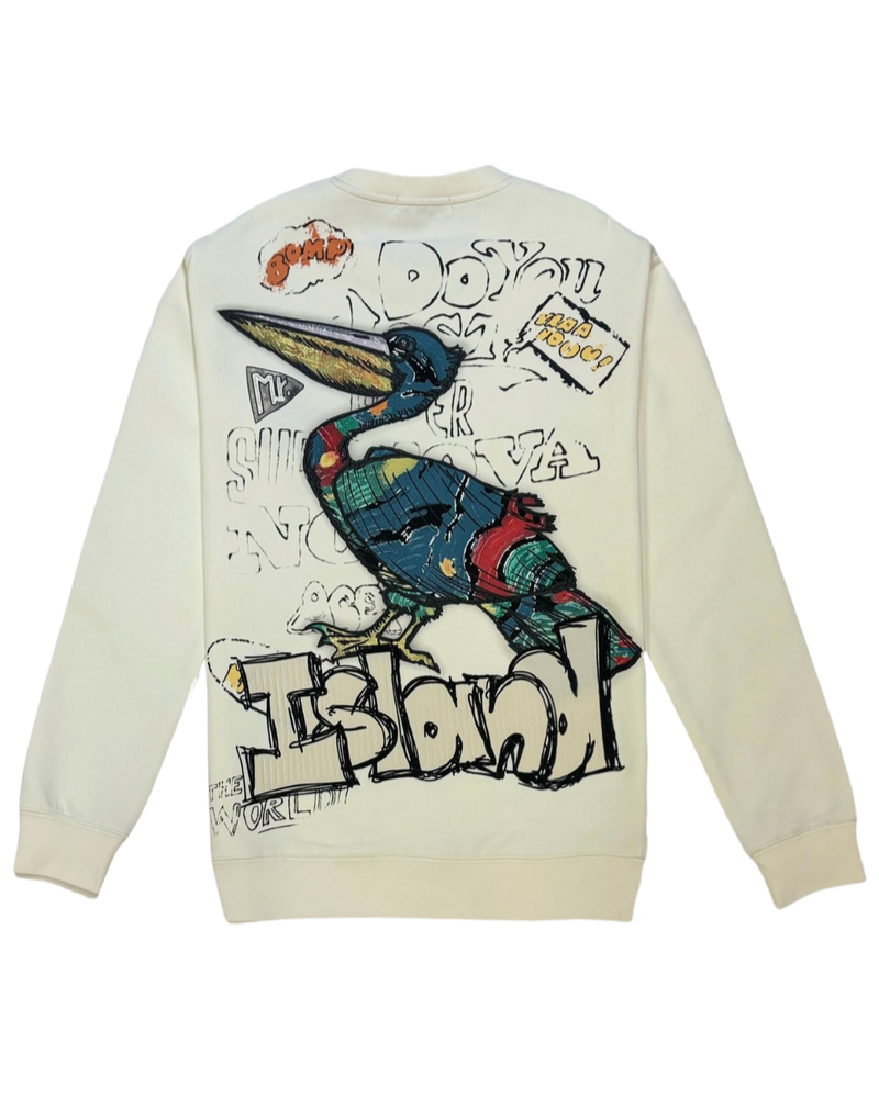 Sweatshirt with a colorful pelican design on the back against a white background