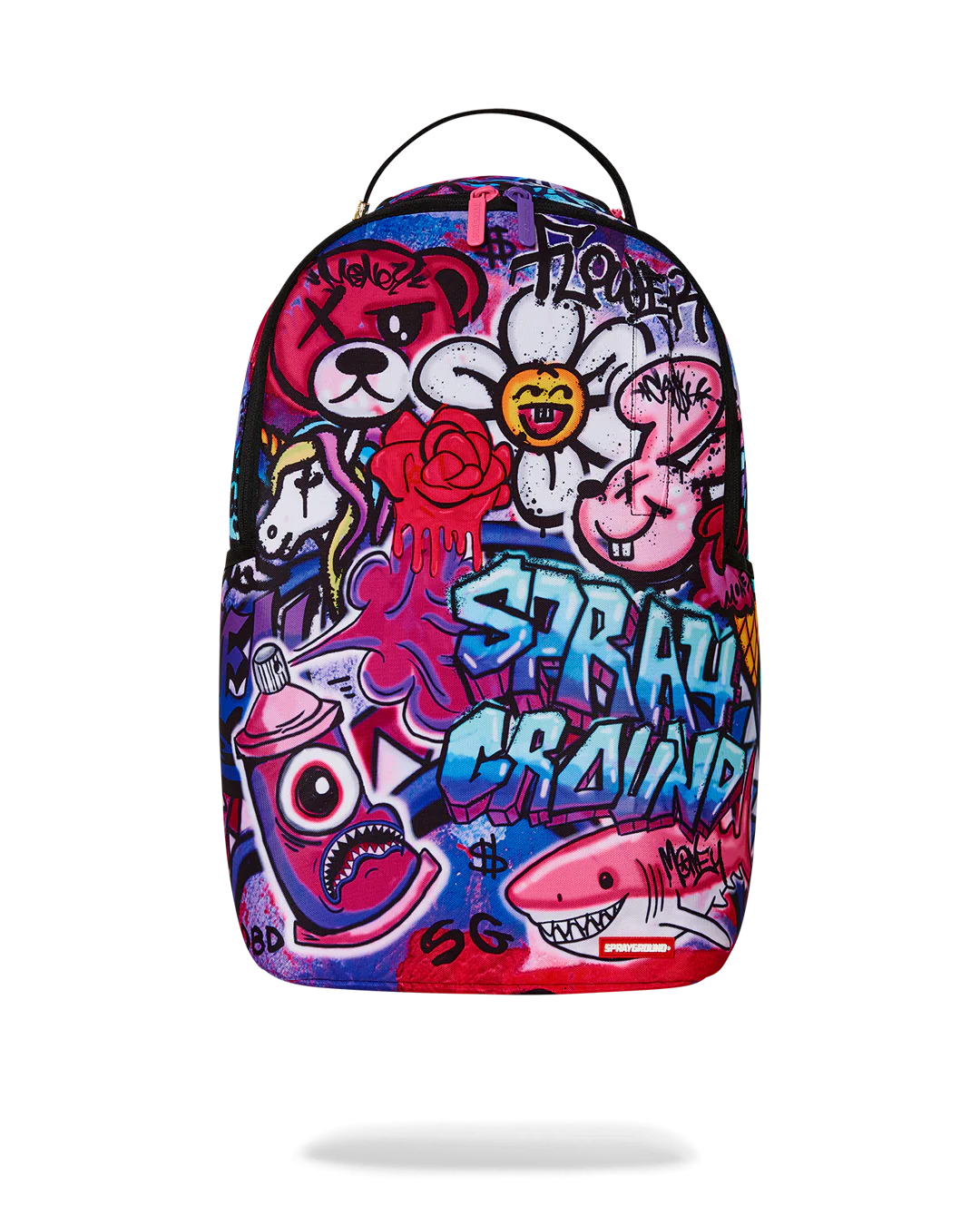 Colorful graffiti-style sprayground backpack with cartoon characters on a white background