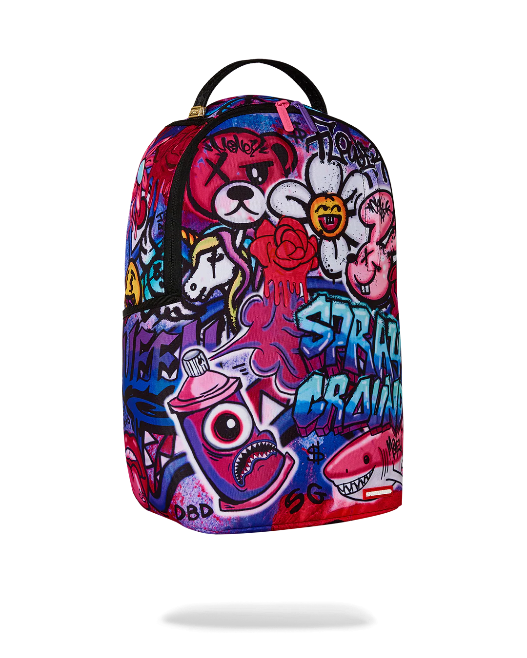 Colorful graffiti-style sprayground backpack with cartoon characters on a white background