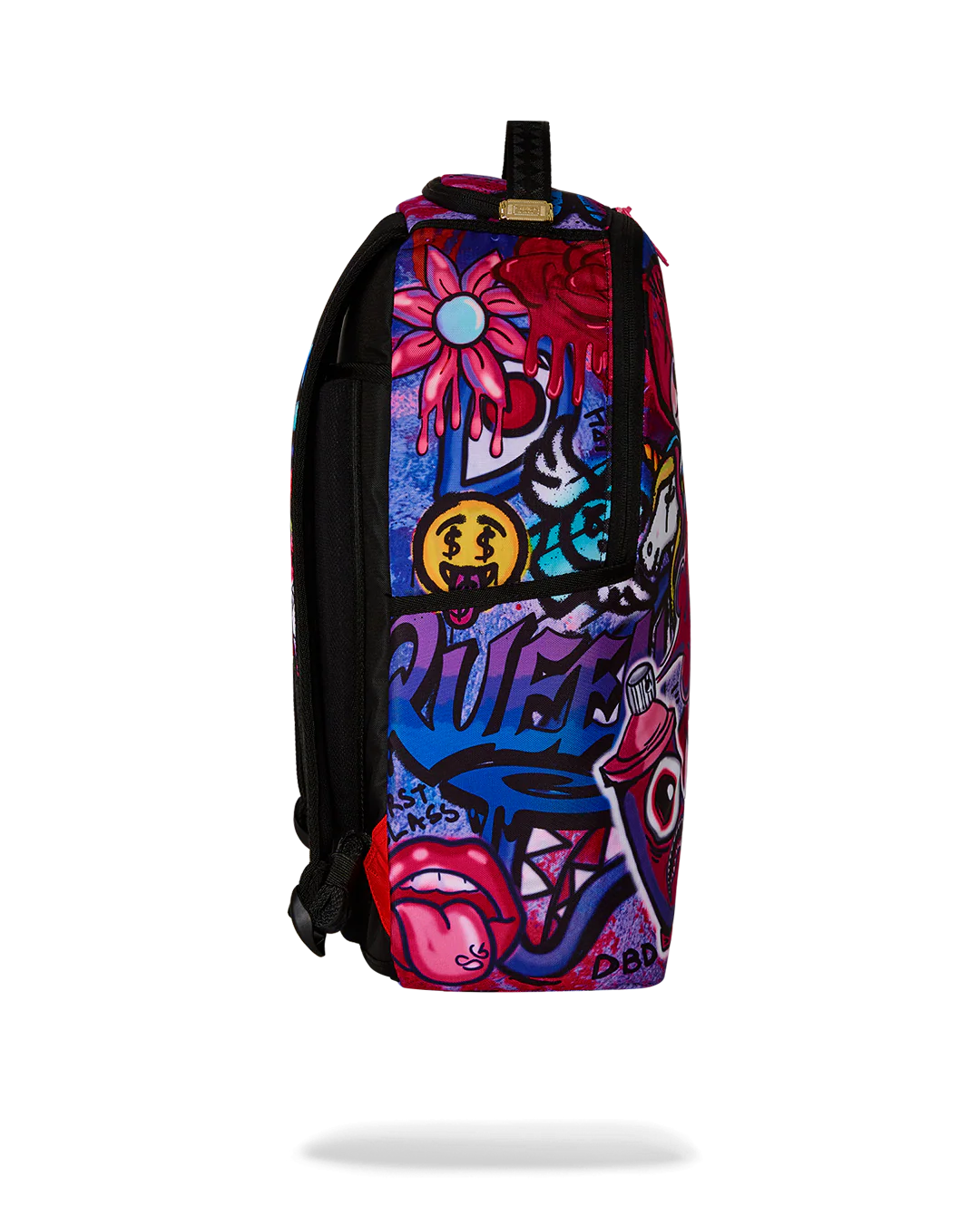 Colorful graffiti-style sprayground backpack with cartoon characters on a white background