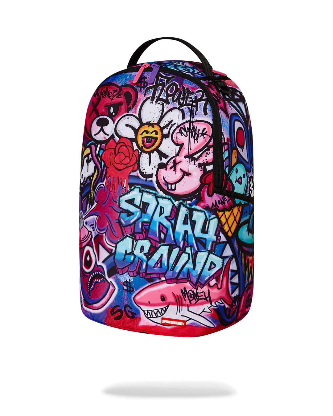 Colorful graffiti-style sprayground backpack with cartoon characters on a white background