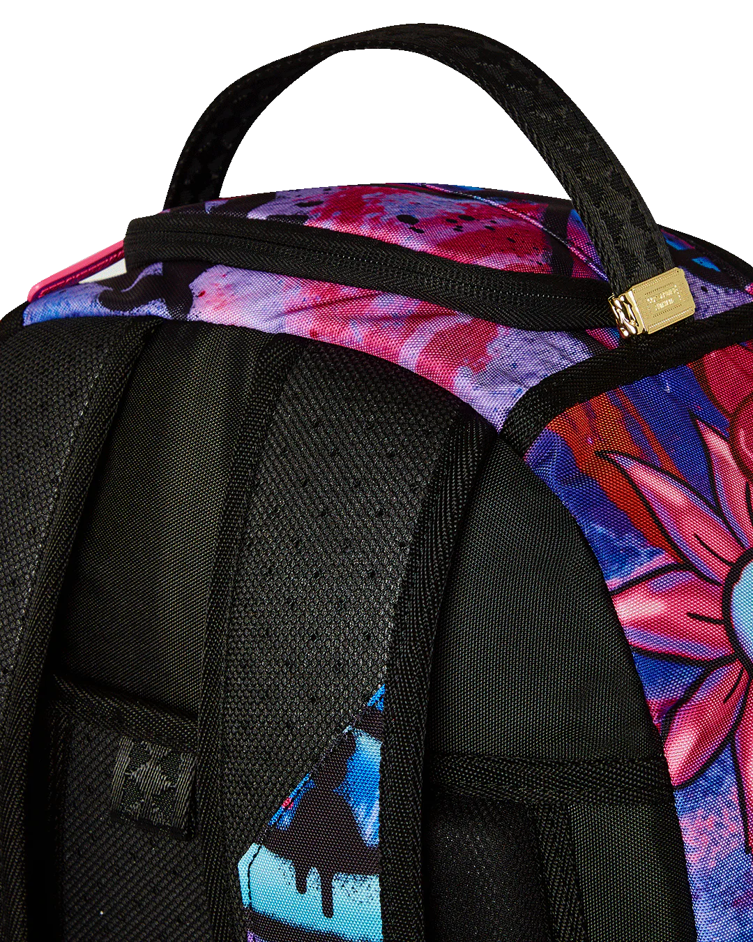 Backpack with colorful floral design on a white background